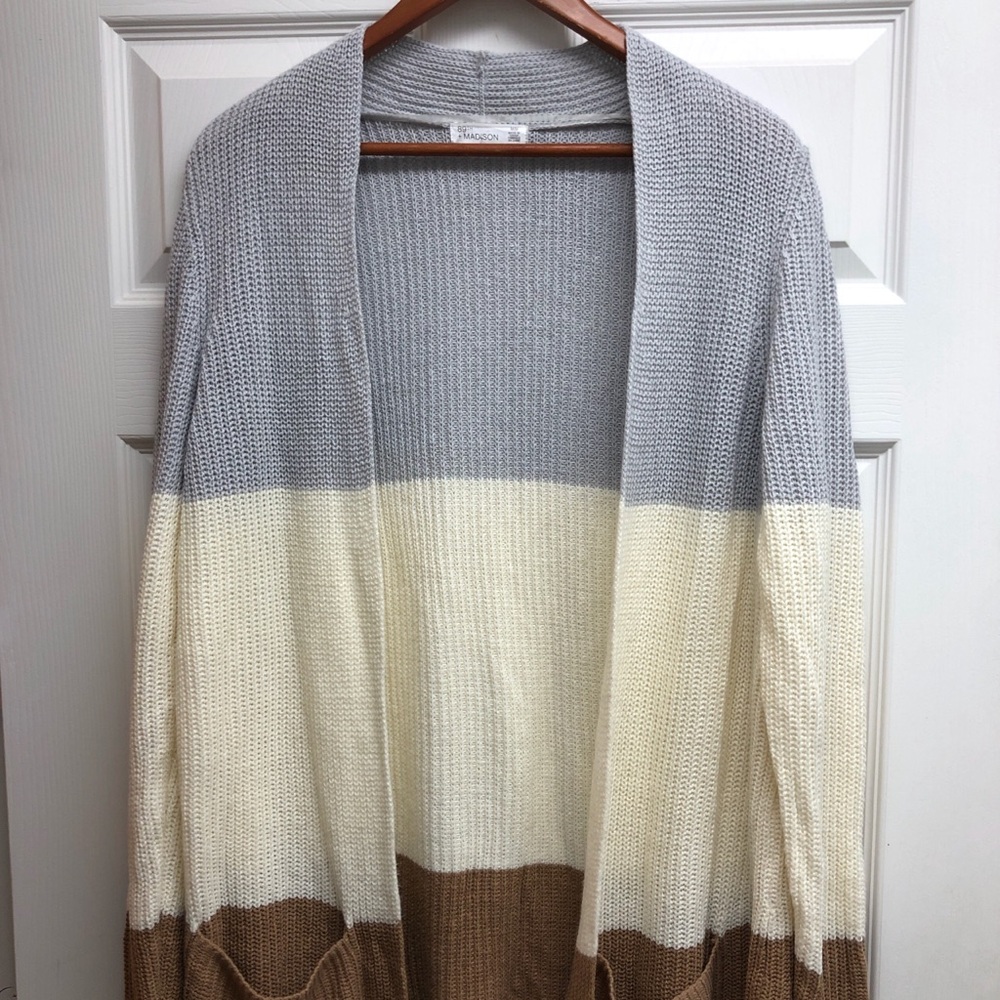 89th + Madison Gray, Cream & Brown Colorblock Open Cardigan
